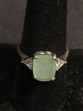 Cushion Checkerboard Faceted 10x8mm Aventurine Center w/ Trillion CZ Sides Sterling Silver Ring Band