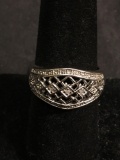 Lattice Design Diamond Accented 12mm Wide Tapered High Polished Sterling Silver Ring Band