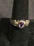 Bezel Set Oval Faceted 7x5mm Amethyst Center w/ Twin Round 3mm Peridot Sides Old Pawn Sterling