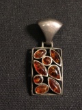 Rectangular 32x13mm High Polished Old Pawn Sterling Silver Pendant w/ Round, Marquise & Pear Amber