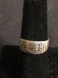 High Polished Love Life Motif 8mm Wide Tapered Handmade Signed Designer Sterling Silver Ring Band