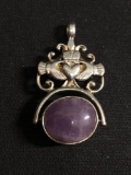 Oval 14x12mm Green Jade & Amethyst Accented Convertible Design Old Pawn Irish Claddagh 36mm Long