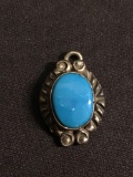 Oval 15x11mm Turquoise Cabochon Vintage Old Pawn Native American Signed Designer Sterling Silver