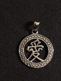 Round 17mm High Polished Asian Character Motif Signed Designer Sterling Silver Pendant