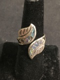 Abalone Inlaid Leaf Motif 25mm Wide Tapered Bypass Taxco Designer Handmade Old Pawn Mexico Sterling