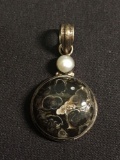 Round 22mm Jasper Cabochon Center w/ 6mm Round Pearl Accent 2in Long Old Pawn Mexico Sterling Silver