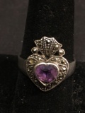 Vintage Old Pawn 18mm Wide Tapered Marcasite Accented Halo w/ Bezel Set 7mm Heart Faceted Amethyst