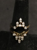 Gold-Tone 24mm Wide Tapered CZ Accented Halo Sterling Silver Ring Jacket w/ 3mm Wide Opening for 3mm