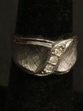 Textured Finished 10mm Wide Signed Designer Sterling Silver Bypass Ring Band w/ Three Diagonal Set