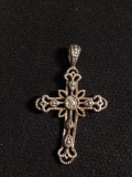 Milgrain Filigree Detailed 28x17mm Diamond Accented Signed Designer Sterling Silver Cross Pendant