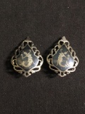 Teardrop Shaped 26x20mm Oxidized Siam Designer Goddess Motif Filigree Decorated High Polished Pair