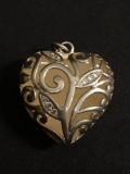 High Polished 30x30x14mm Floral Filigree Decorated & Enameled Puffy Heart Sterling Silver Pendant