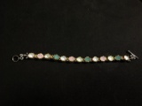 Vintage Old Pawn 8mm Wide 7in Long Detailed Sterling Silver tennis Bracelet w/ Oval Faceted