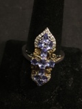 Oval, Pear & Round Faceted Tanzanite Cluster Top 32mm Long Two-Tone Cz Accented Sterling Silver Ring