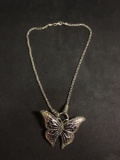 Large 62x48mm Enameled Beautiful Thai Made Unique Butterfly Sterling Silver Pendant w/ Marcasite