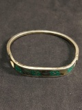 Taxco Designer Old Pawn Mexico 10mm Wide Sterling Silver Hinged Bangle Bracelet w/ Abalone & Broken