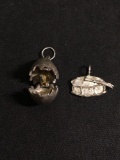 Lot of Two Sterling Silver Pendant, One Handmade Drum w/ Drumstick Motif & Opening Chick in Egg