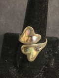 Abalone Inlaid Twin Double Heart 27mm Wide Bypass Old Pawn Mexico Sterling Silver Ring Band