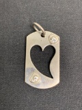 Dog Tag Style 31x18mm Heart Cut-out Design Round CZ Accents Sterling Silver Signed Designer Pendant