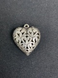 Open Filigree Decorated Handmade 20x20x10mm Puffy Heart Old Pawn Sterling Silver Pendant