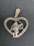 Large 32x30mm Milgrain Marcasite Accented High Polished Cupid Motif Sterling Silver Heart Pendant