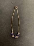 Sterling Silver & Blue Glass Beaded 5mm Wide 7in Long Handmade Bracelet