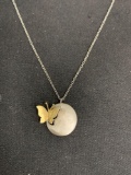 Round 16mm Brush Finish w/ Gold-Tone Butterfly Accent Sterling Silver Pendant w/ 16in Adjustable