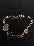 High Polished Justin Name Themed 9mm Wide 6in Long Gold-Tone Sterling Silver Name Bracelet w/