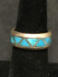 Alternating Triangular Turquoise Inlaid 8mm Wide Eternity Style Sterling Silver Band