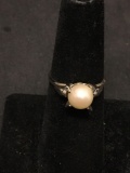 Handmade Filigree Decorated Sterling Silver Vintage Ring Band w/ Round 7mm Pearl Center