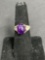 Oval 11x9mm Amethyst Cabochon Center Detailed Signed Designer Sterling Silver Ring Band