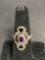 Oval Faceted 6x4mm Amethyst Center w/ Twin Triangle Onyx Sides Marcasite Accented Vintage Old Pawn