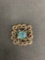 Square 25x25mm Filigree Scroll Decorated Gold-Filled Pendant w/ Blue Princess Gem Center