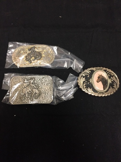 Lot of Three Nickel Silver Old Pawn Cowboy Style 3in Long Belt Buckles