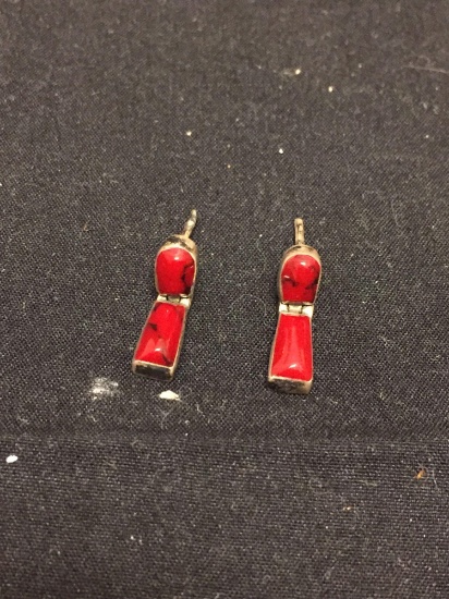 Pair of Old Pawn Native American 18x5mm Sterling Silver Drop Earrings w/ Red Jasper Cabochon Centers