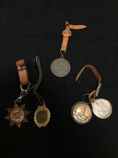 Lot of Four Various Size & Style Bronze Medallion Commemorative Keychains w/ Leather Straps