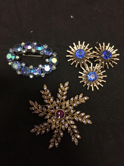 Lot of Three Faux Gemstone Accented Alloy Fashion Vintage Style Brooches