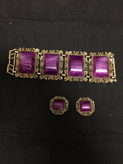 Lot of Two Matched Set Vintage Style Fashion Alloy Pair of Earrings & Bold Bracelet w/ Faux Purple