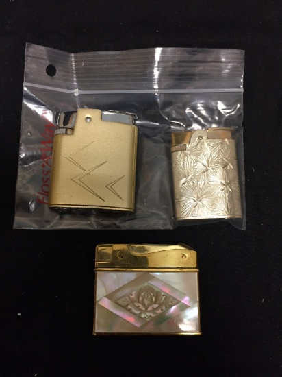 Lot of Three Gold-Tone Alloy Vintage Refillable Cigarette Lighters one w. Mother of Pearl Inlay