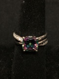 SAI Designer Cushion Faceted 8x8mm Mystic Topaz CZ Accented High Polished Sterling Silver Ring Band