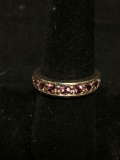 Round Faceted Pink CZ Shared Prong Setting 5mm Wide Signed Designer Sterling Silver Ring Band
