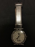 Victoria Wieck Designer Round 37mm Rhinestone Accented Black Bezel Stainless Steel Watch w/ Gray