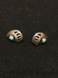 Bear Claw Design Pair of Sterling Silver Old Pawn Native American Earrings w/ Round Turquoise