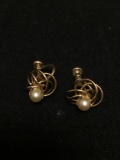 Swirl Design 13mm Wide w/ Round 5mm Pearl Center Pair of Signed Designer 12Kt Gold-Filled Earrings
