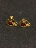 Van Dell Designer Round 13mm w/ Round Faceted 5mm Red Gem Center Pair of 12Kt Gold-Filled Earrings