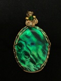 Bold Oval 55x35mm Handmade Wire-Wrapped Green Mother of Pearl Gold-Tone Sterling Silver Pendant