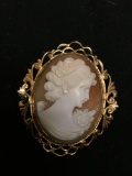 Oval 28x33mm Filigree Framed Lady Cameo Gold-Filled Vintage Brooch