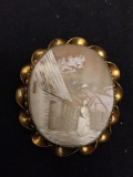 Oval Hand-Carved 40x35mm Portrait Cameo w/ Twisted Frame Gold-Filled Vintage Brooch
