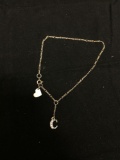 Figaro Link 1.5mm Wide 10in Long Sterling Silver Chain w/ Rhinestone Studded Initial C Charm & Heart