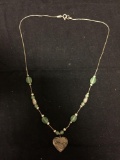 Signed Designer Sterling Silver 16in Necklace w/ Faceted Jade Bead Accents & Filigree Decorated